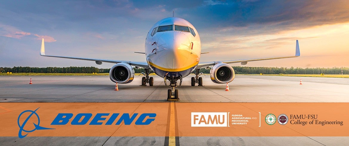 Boeing blue logo with plane in the background