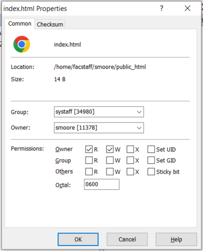 Screenshot of the window that appears after selecting "Properties." The properties in the first section are Location and Size. The properties in the second section are Group and Owner, indicated by dropdown menu selections. The properties in the third section Permissions, indicated by checkboxes that can be checked or unchecked.