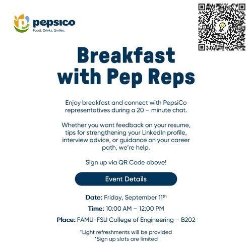 Breakfast with Pep Reps graphic with QR code to sign up to attend.