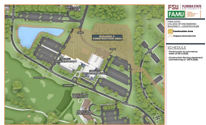 Computer image example of where construction will affect campus.
