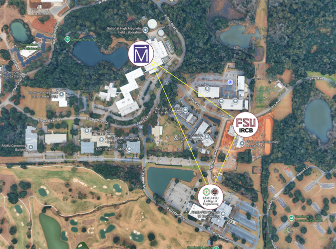 aerial map of FSU southwest campus with maglab, fsu, famu-fsu engineering logos superimposed and yellow triangle between buildings