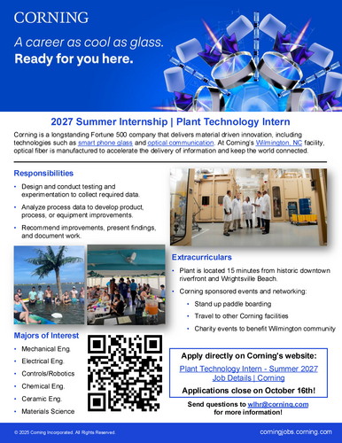Click here to downoad the Corning Summer 2027 Internship Flyer