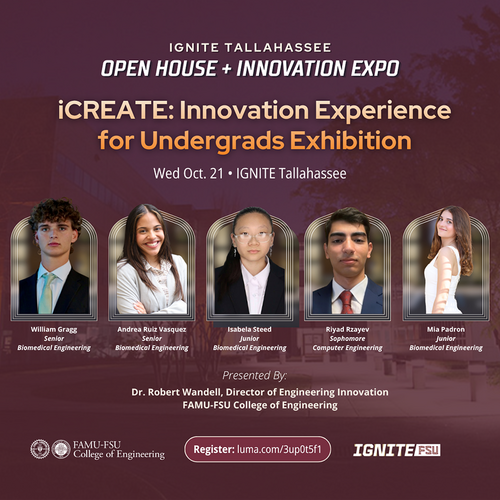 Graphic for the iCREATE undergraduate exhibition at IGNITE Tallahassee on Oct. 21, featuring headshots of five FAMU-FSU College of Engineering student presenters