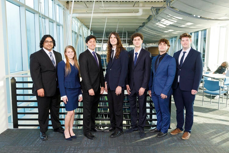 Members of Team 517 left to right: Ronald Cardona Ramos (ECE), Isabella Hudson (MAE), Mario Medina (MAE), Lucy Miller (ECE), Marc Nasnas (MAE), Alex Rivas (ECE), Adam Wisniewski (MAE)