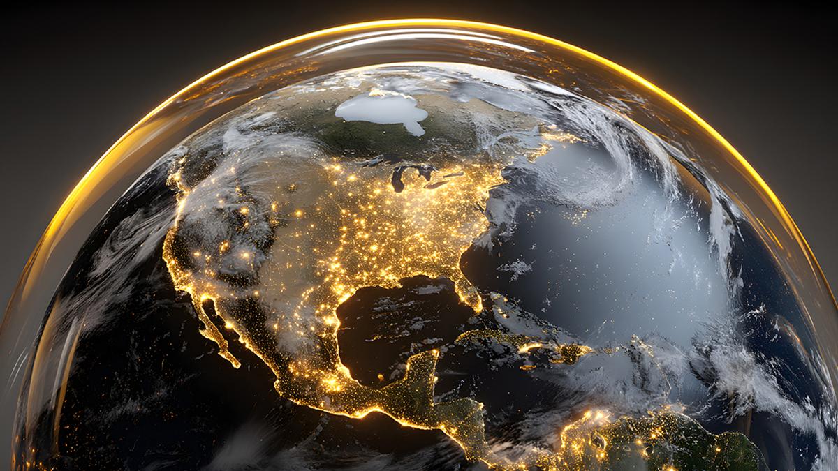 illustrated photo image of globe with gold lights from cities under curved transparent gold arc