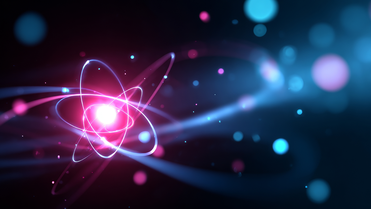 Abstract digital illustration of glowing atomic structure with orbiting particles and vibrant neon light trails on dark background