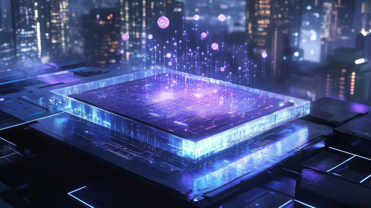 A sleek quantum chip resting on a futuristic circuit board, illuminated by soft blue and purple light, with glowing particles hovering above it to represent qubits and quantum states