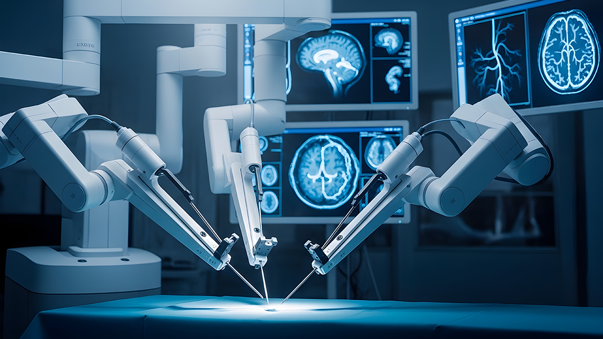 AI photo illustration of three robotic arms with lasers pointed on a surgery table surrounded by screens showing brain images