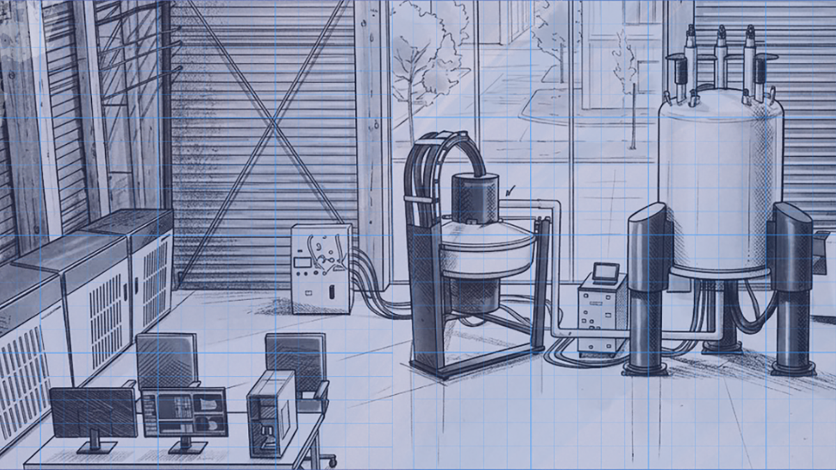 digital illustration in black and white pencil style of magnet lab in large room