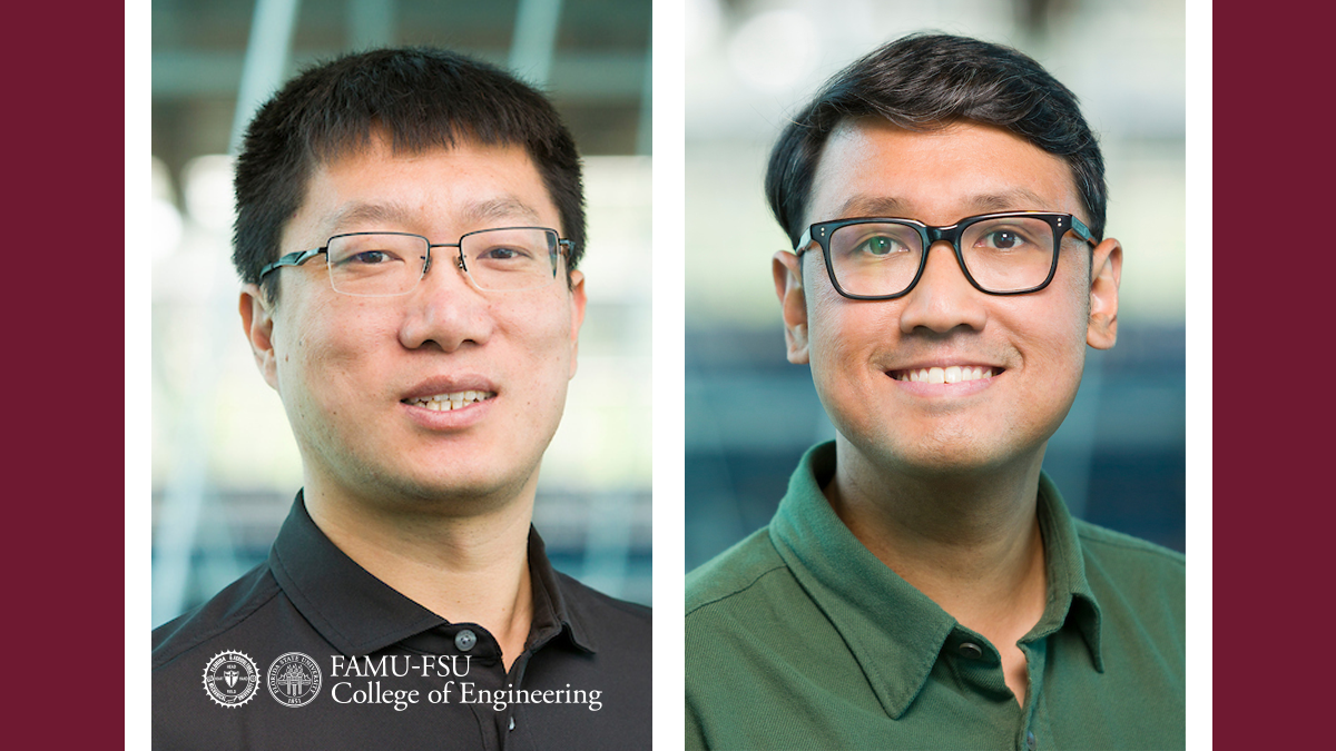 Headshots of two smiling faculty members side by side against a maroon background. On the left, a man with short black hair and rimless glasses wears a black polo; on the right, a man with dark swept-back hair and black-framed glasses wears a green collared shirt. The FAMU-FSU College of Engineering logo appears in the lower left.