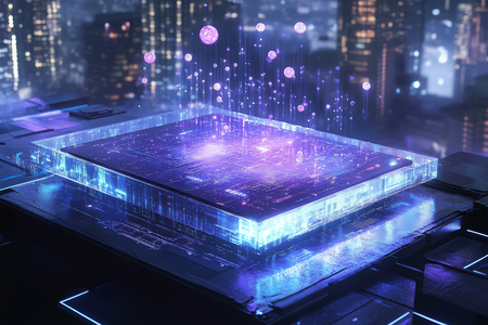 A sleek quantum chip resting on a futuristic circuit board, illuminated by soft blue and purple light, with glowing particles hovering above it to represent qubits and quantum states