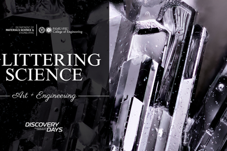 Event invitation graphic titled 'Glittering Science: Art + Engineering,' featuring a black-and-white macro photo of faceted metallic crystal formations, with logos for the Department of Materials Science & Engineering, FAMU-FSU College of Engineering, and FSU Discovery Days