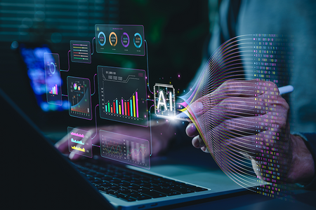 Artificial intelligence data analytics concept. Professional using laptop with dashboard, machine learning charts, real time data processing to generate predictive insights and business intelligence