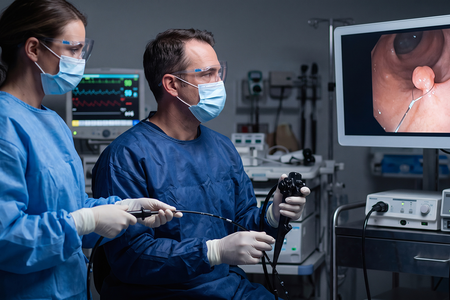 two sterile surgeons in blue gowns watching high definition video monitor during endoscopy operation