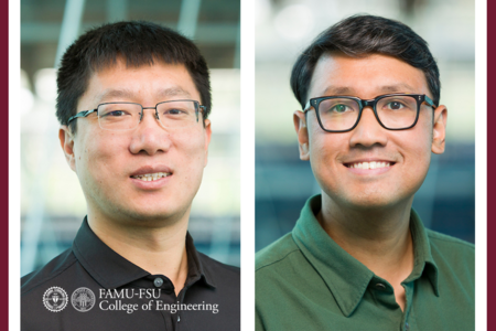 Headshots of two smiling faculty members side by side against a maroon background. On the left, a man with short black hair and rimless glasses wears a black polo; on the right, a man with dark swept-back hair and black-framed glasses wears a green collared shirt. The FAMU-FSU College of Engineering logo appears in the lower left.