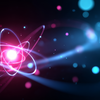 Abstract digital illustration of glowing atomic structure with orbiting particles and vibrant neon light trails on dark background