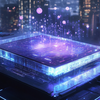 A sleek quantum chip resting on a futuristic circuit board, illuminated by soft blue and purple light, with glowing particles hovering above it to represent qubits and quantum states
