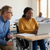 man in glasses sitting at table with girl in mustard yellow shirt looking at laptop