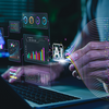 Artificial intelligence data analytics concept. Professional using laptop with dashboard, machine learning charts, real time data processing to generate predictive insights and business intelligence