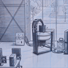digital illustration in black and white pencil style of magnet lab in large room