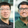 Headshots of two smiling faculty members side by side against a maroon background. On the left, a man with short black hair and rimless glasses wears a black polo; on the right, a man with dark swept-back hair and black-framed glasses wears a green collared shirt. The FAMU-FSU College of Engineering logo appears in the lower left.