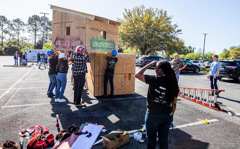 The FAMU-FSU team constructing their First-place Timber-Strong tiny house