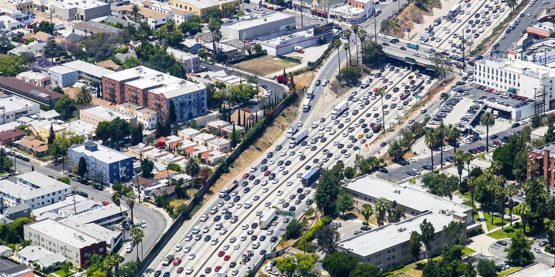 A drone view of a 12 lane expressway in the inner city