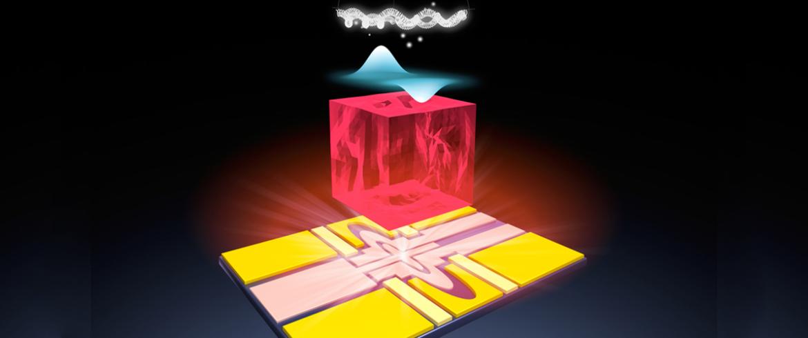 An illustration of the qubit platform made of a single electron on solid neon. Researchers froze neon gas into a solid at very low temperatures, sprayed electrons from a light bulb onto the solid and trapped a single electron there to create a qubit. (Courtesy of Dafei Jin/Argonne National Laboratory)