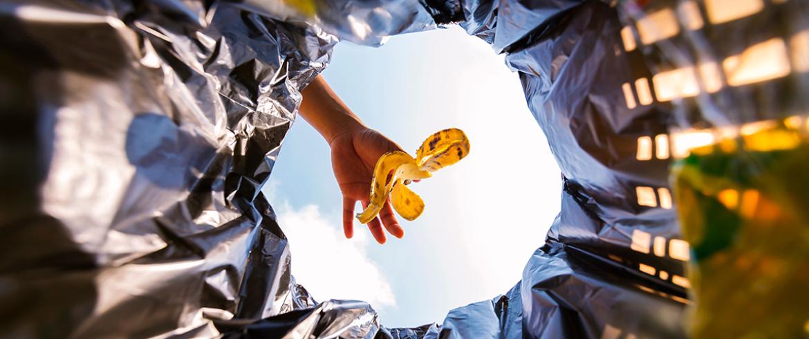 photo of hand dropping banana peel into a trash can