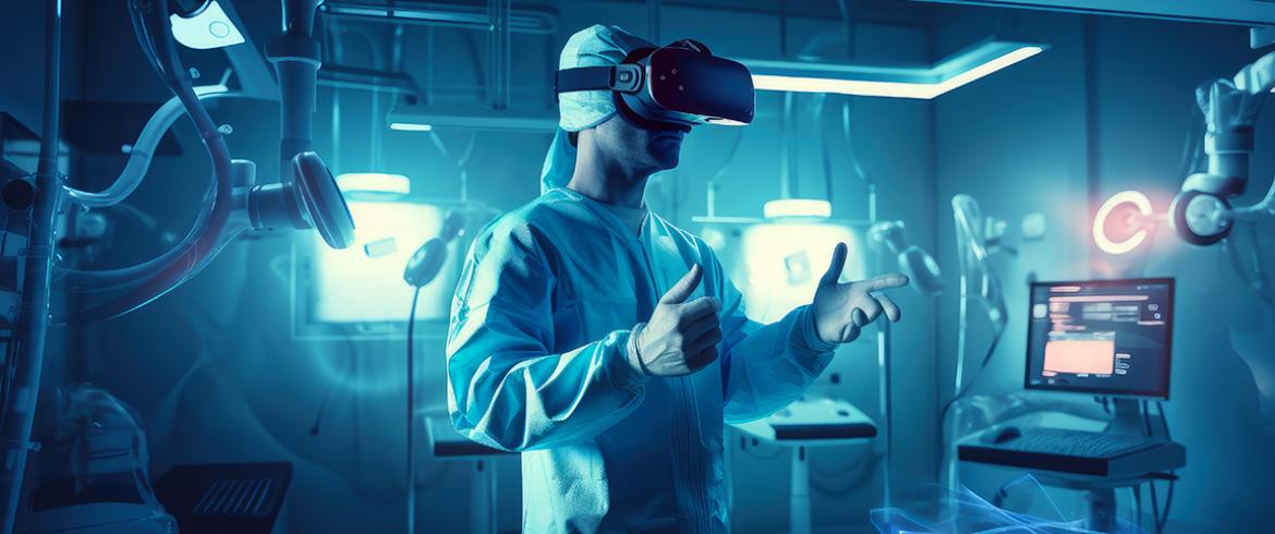 AI-designed image of a doctor in operating room wearing VR glasses