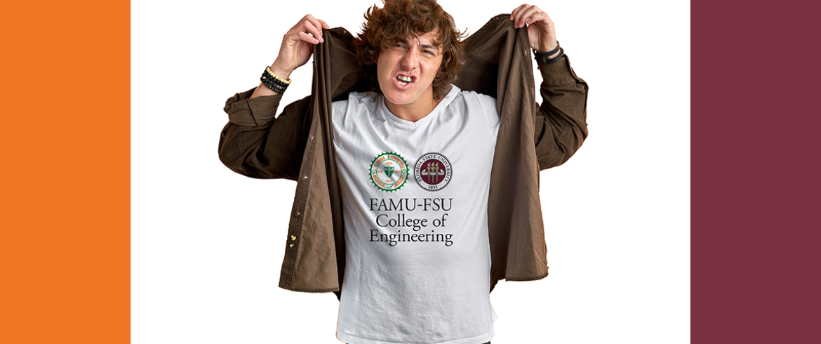 photo of man wearing a college tee