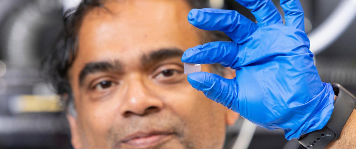 photo of a tiny translucent sensor engineered for nasa by professor subramanian ramakrishnan at the famu-fsu college of engineering