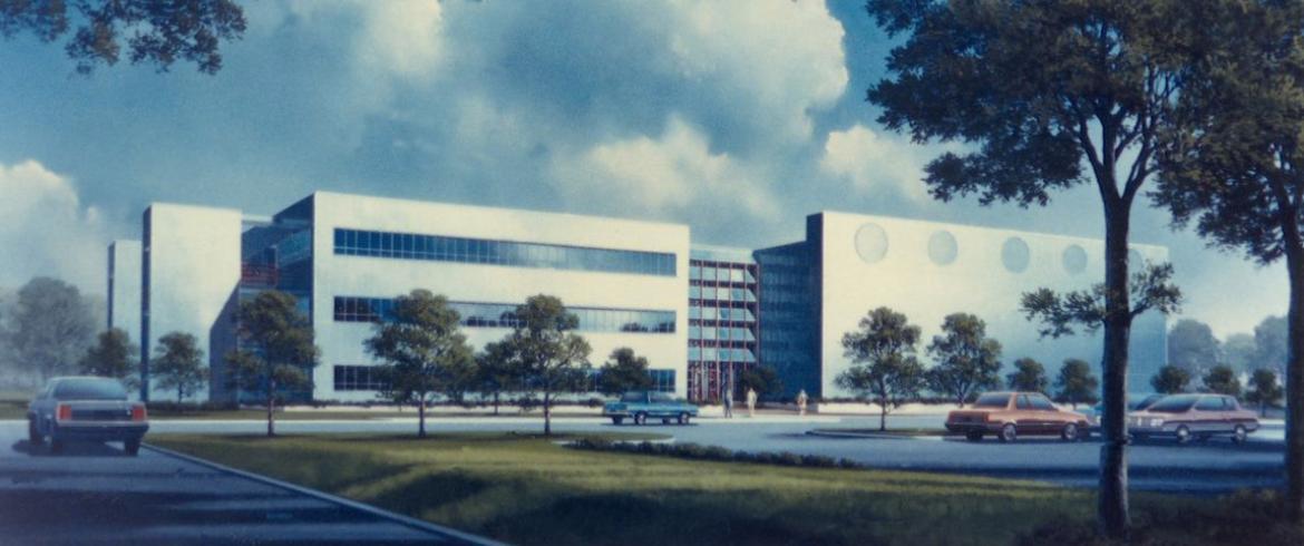 Artists’ rendering of the original college building (A), circa 1983.