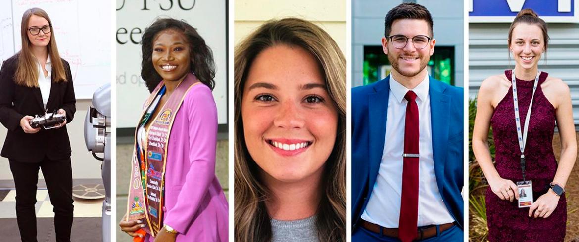 (Left to right): FAMU-FSU Engineering students Stacy Ashlyn, Stephanie Damas, Kylie Van Meter, Jonathan Albo and Hannah Alderson are recipients of the National Science Foundation (NSF) Graduate Fellowship award for 2020.