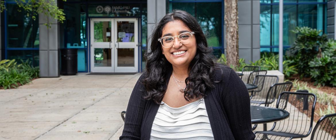 photo of jamini bhagu, engineering graduate student outside the famu-fsu college of engineering