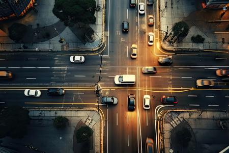 top view of intersection in a prosperous city, time lapse of car, long shutter speed