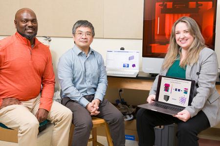 photo of famu-fsu engineering professors tarik dickens hui wang rebekah sweat in 3d printing lab
